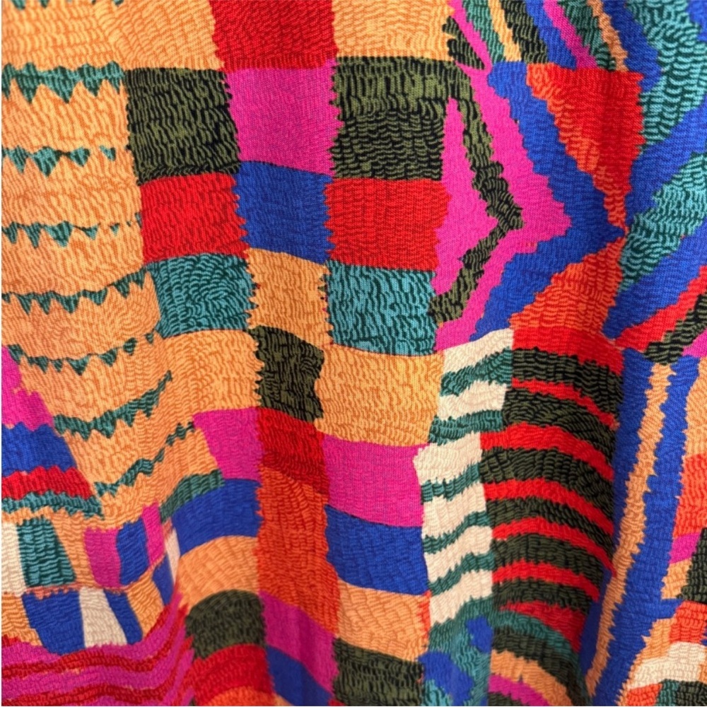 🪘 FARM Rio Multicolor Geometric Patches Tribal twist rope belted Dress Large - Picture 10 of 14